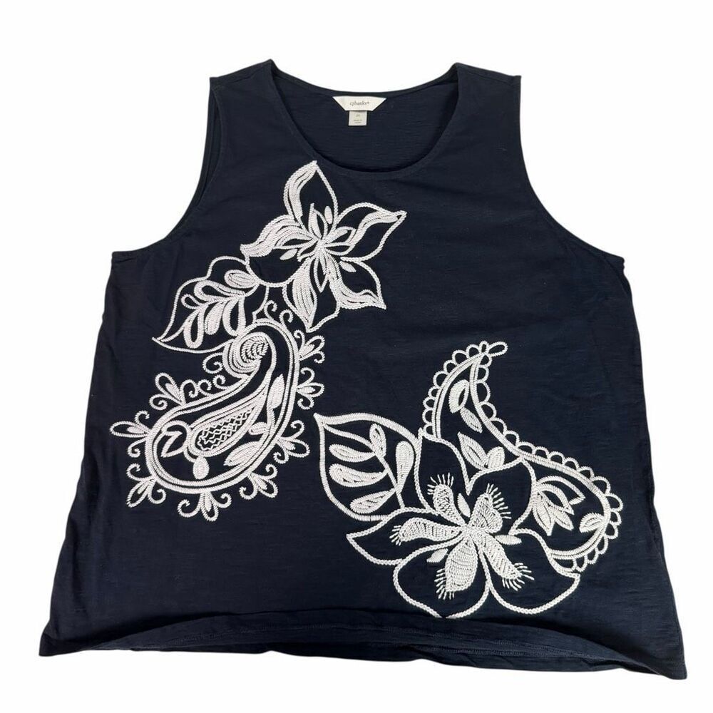 CJ Banks 2X V Neck Embroidered Sleeveless Top Blue White
